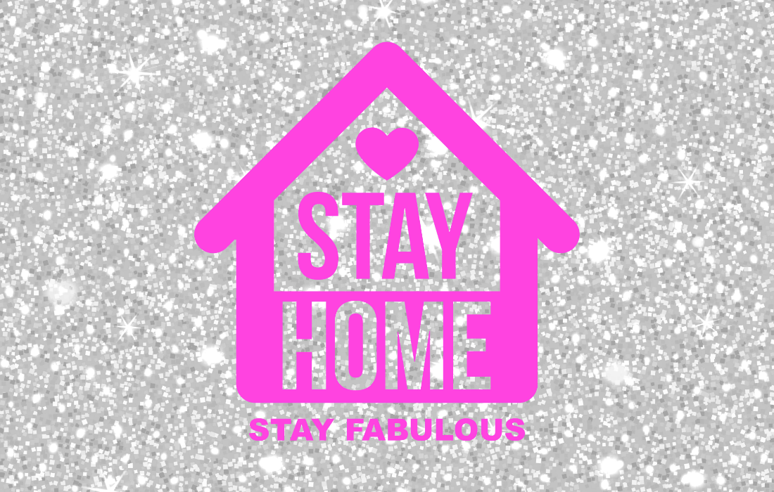 Image of Stay at Home slogan in front of a glitter background